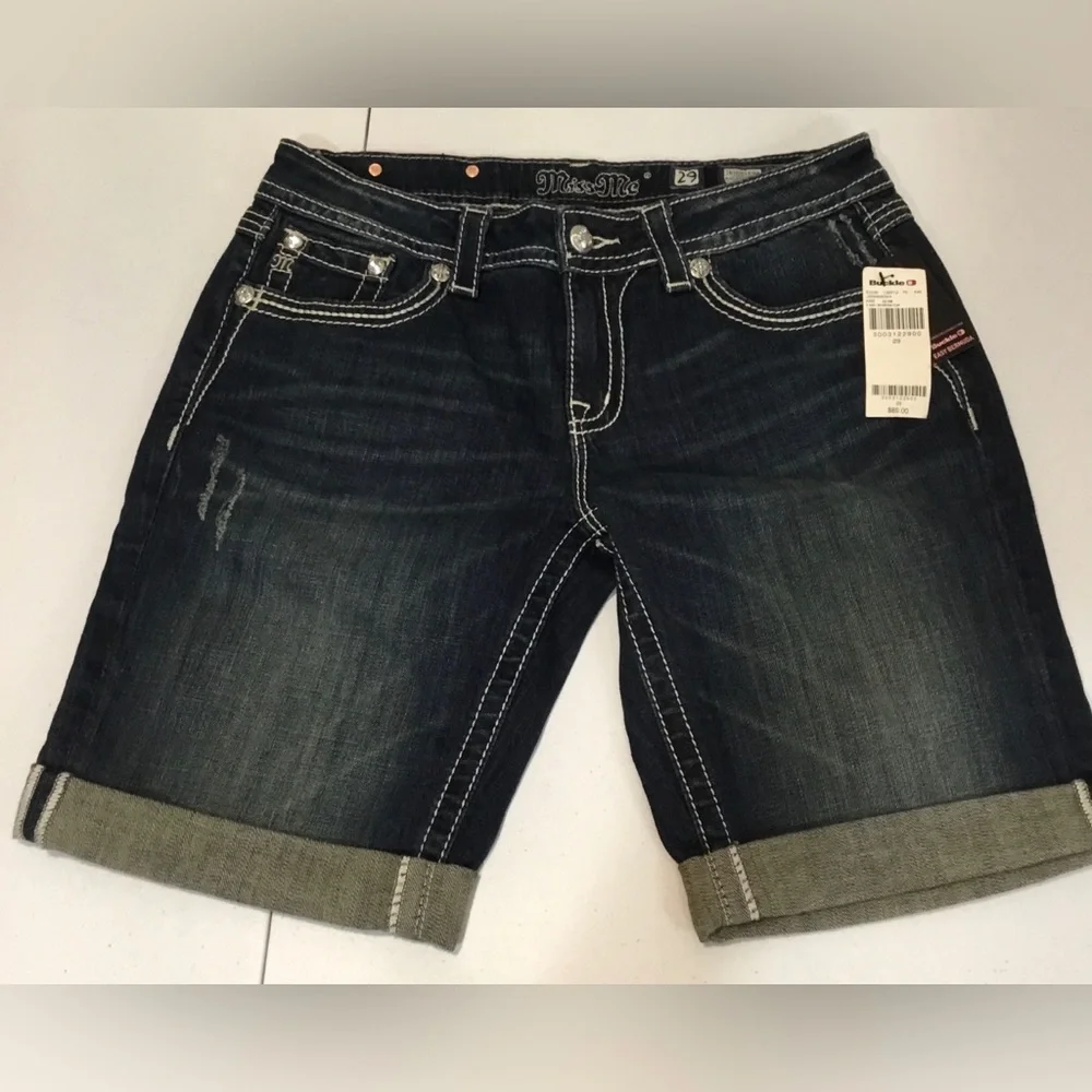 Buckle /Miss Me Women's Dark Indigo Rhinestone Embellished Bermudas